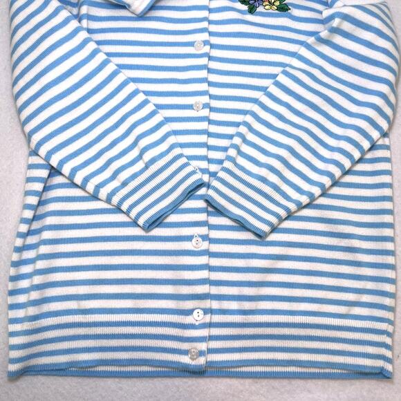 Talbots 3/4 sleeve cotton flamingo blue white stripe cardigan sweater women S - Picture 4 of 8